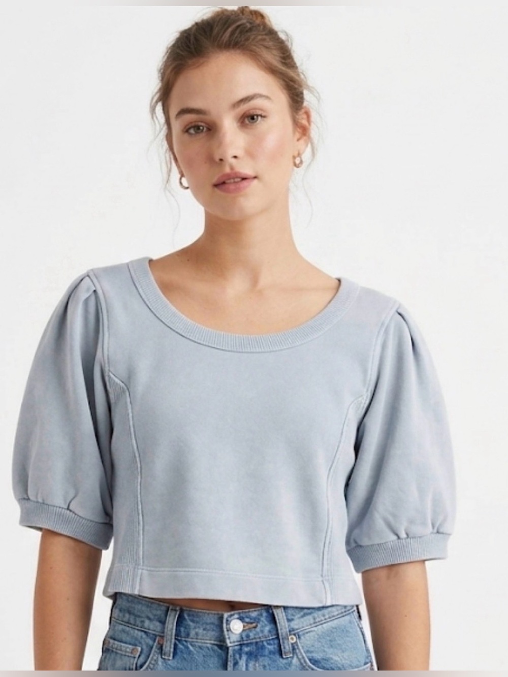 Aerie Cozy Coquette Seams Right Short Sleeve Sweatshirt Sz S Blue Cloud CUTE!